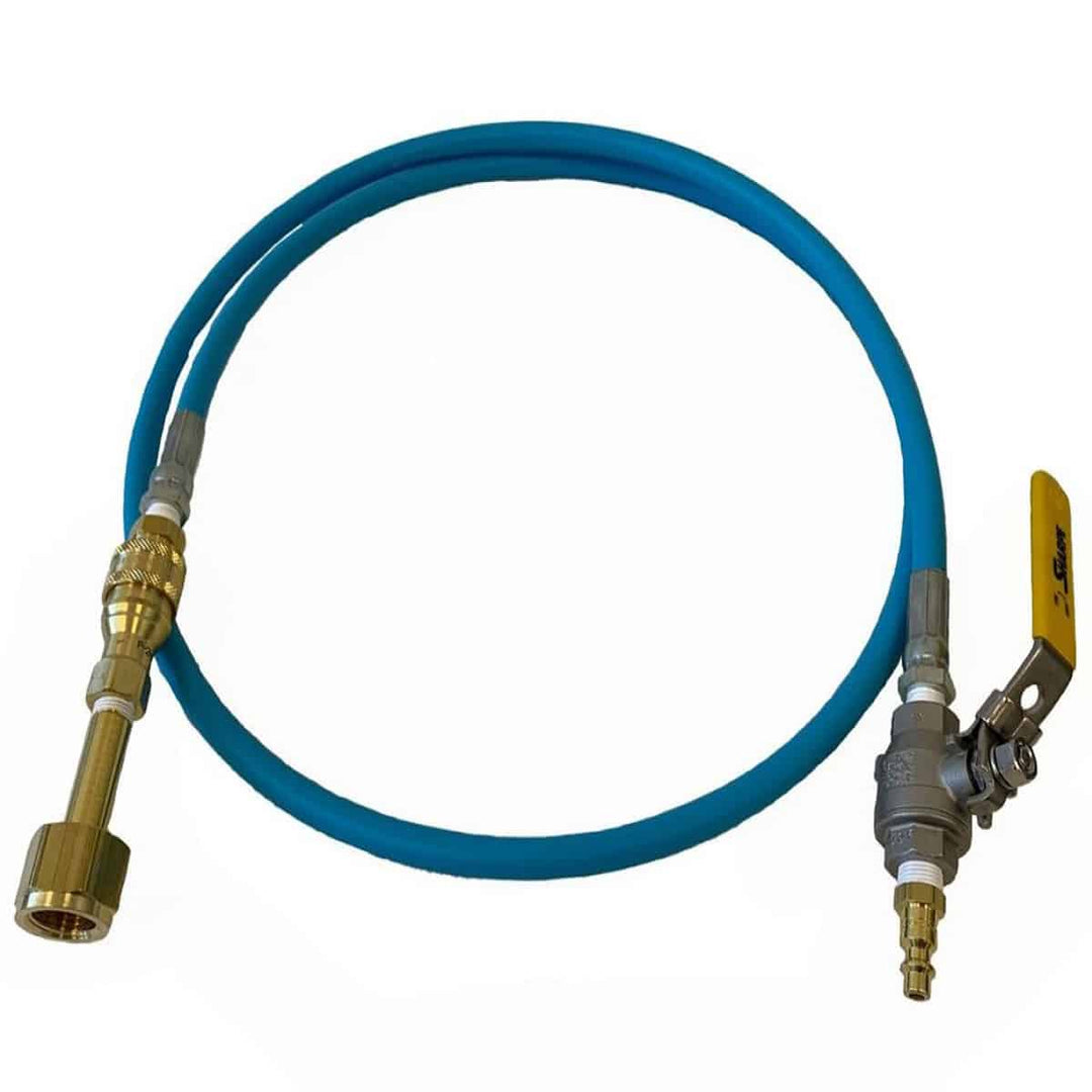 Six foot blue CO2 hose coiled, with brass fittings and a shutoff valve