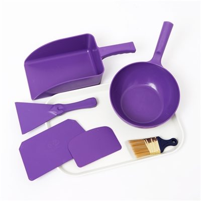 Purple food-grade collection tool kit: scoop, bowl, two scrapers and a brush
