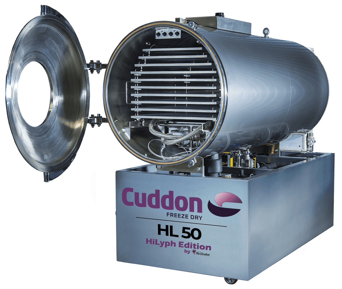 Cuddon HL50 HiLyph Edition commercial cannabis freeze dryer by The Original Resinator, door open showing drying shelves