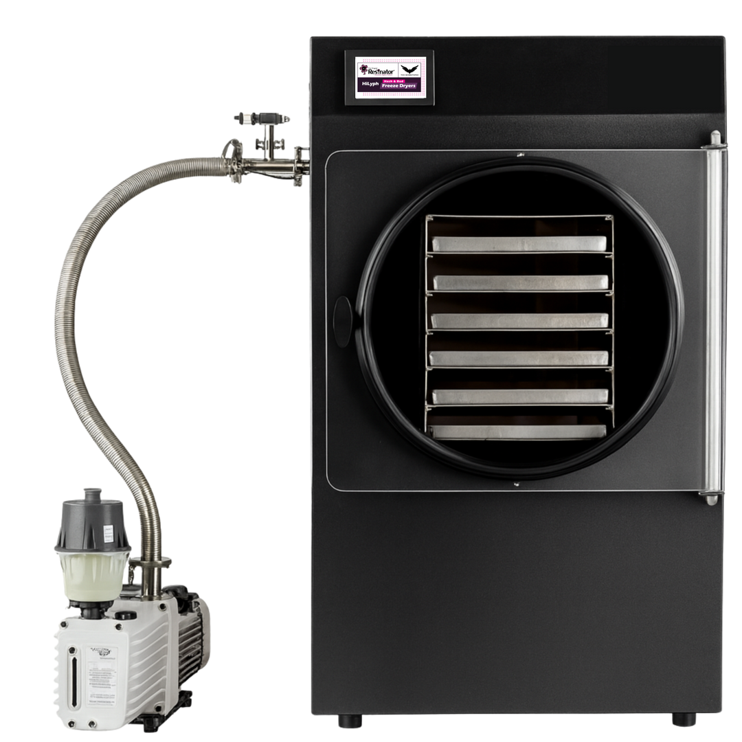 HiLyph XL Bud Dryer freeze dryer with its vacuum pump connected