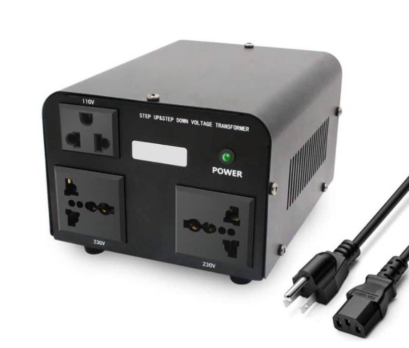 Front of the step up and step down power converter with outlets and power cord