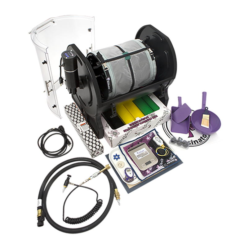 The Original Resinator OG machine shown with its full kit: tumbler, micron screens, CO2 hose, moisture meter and accessories
